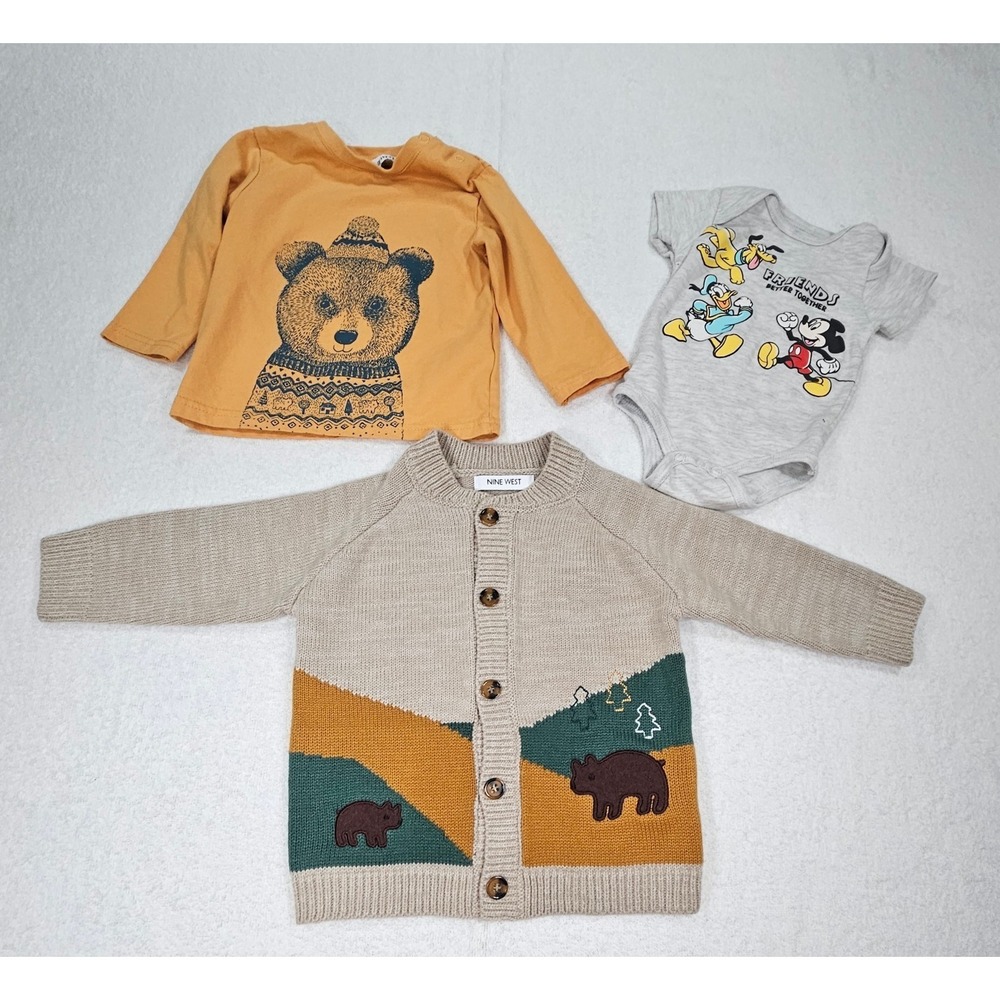 Nine West Baby Boys Tan Bear Forest Scene Button-Up Shirt Combo– 2 Shirts – Size